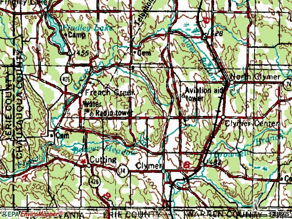 Zip code 14724 topographic map