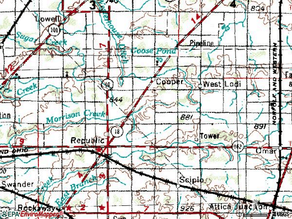 Zip code 44867 topographic map