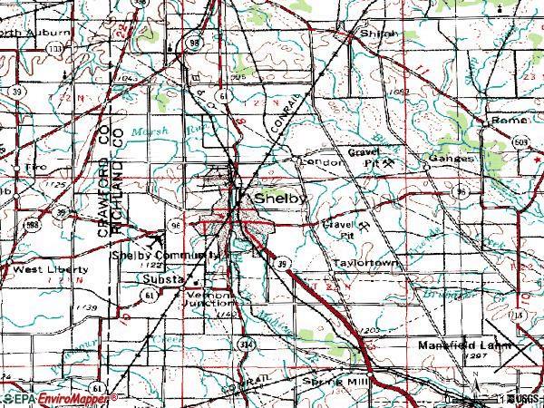 Zip code 44875 topographic map