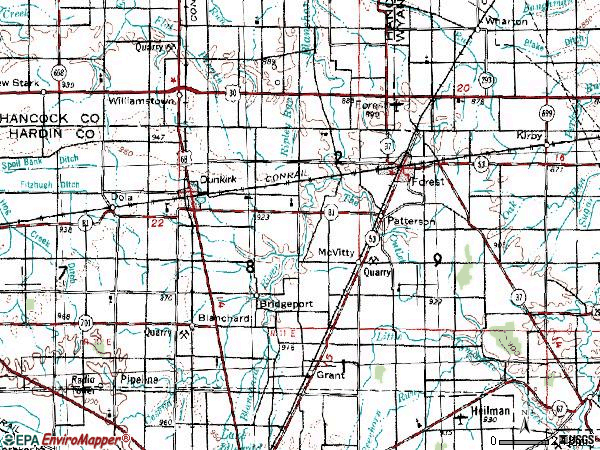 Zip code 45843 topographic map