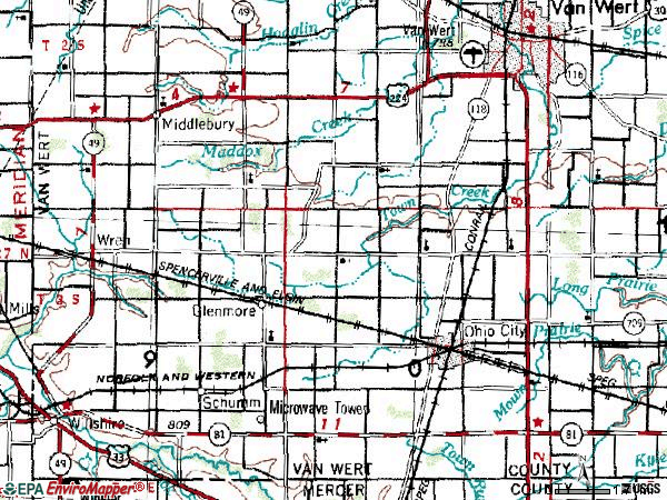 Zip code 45874 topographic map