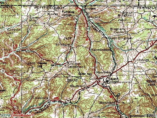Zip code 16923 topographic map