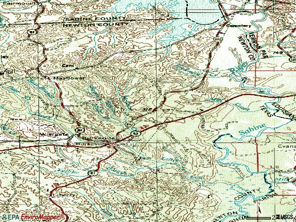 Zip code 75932 topographic map