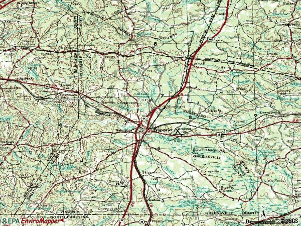 Zip code 23847 topographic map