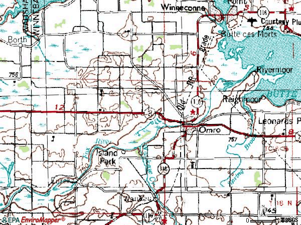 Zip code 54963 topographic map