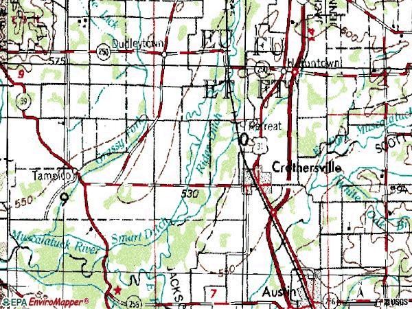 Zip code 47229 topographic map
