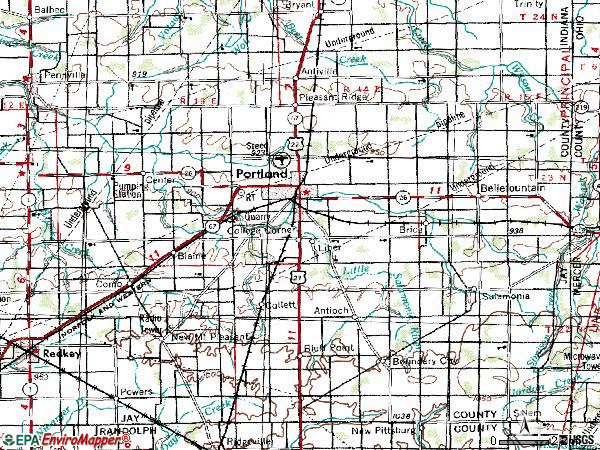 Zip code 47371 topographic map