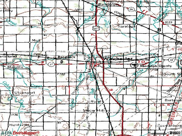 Zip code 47394 topographic map