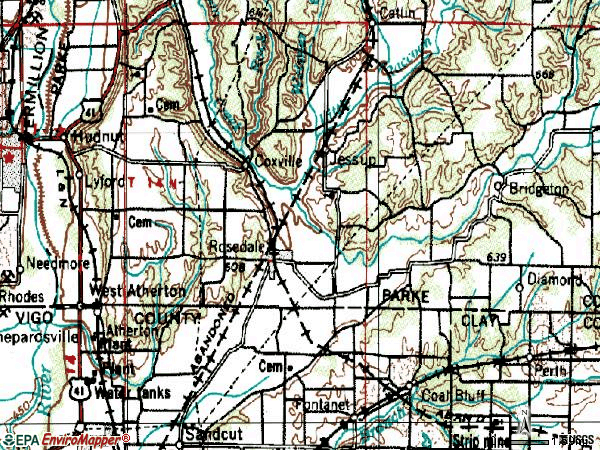 Zip code 47874 topographic map