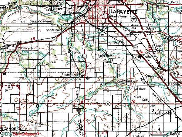 Zip code 47909 topographic map
